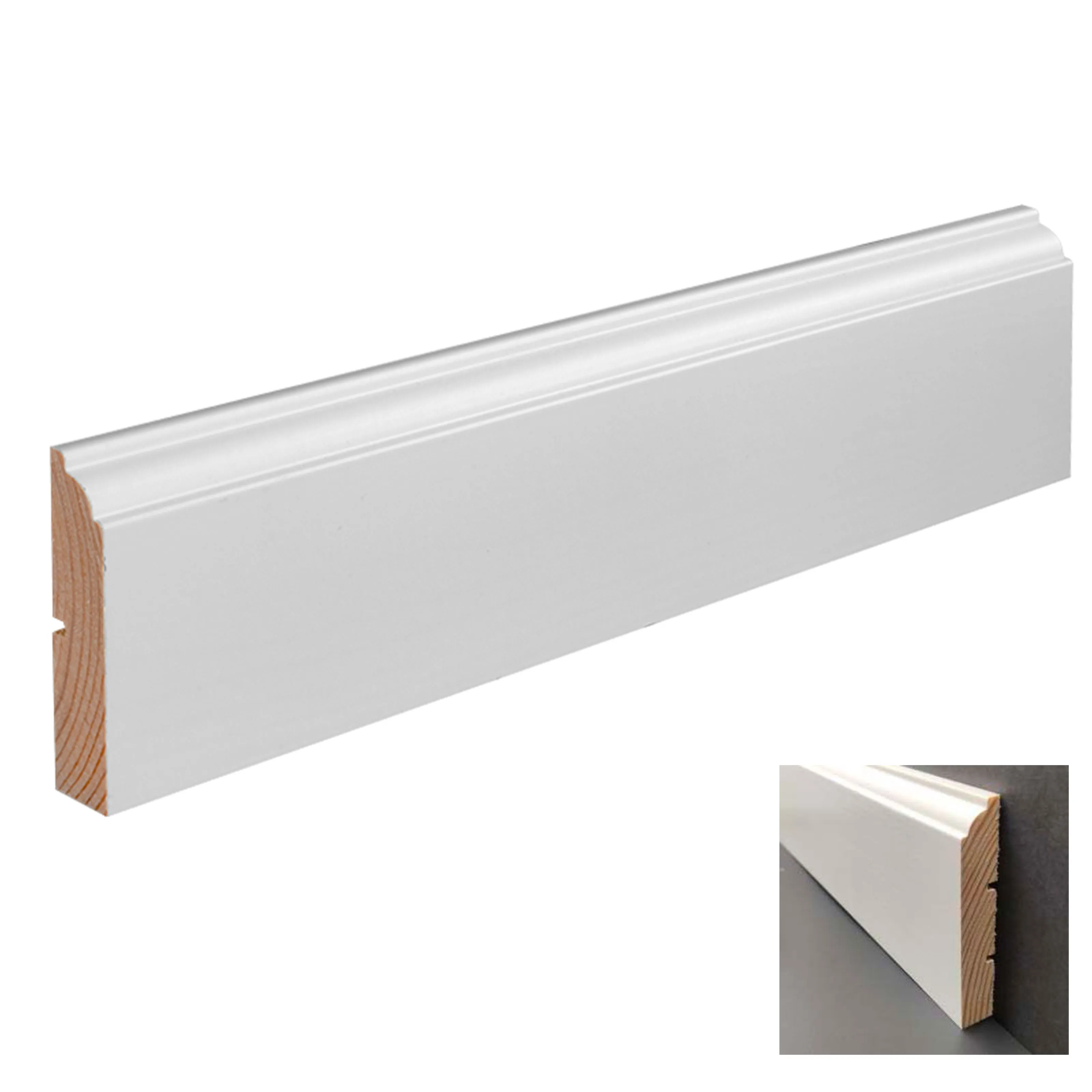 100 metri lineari di Battiscopa PREMIUM in legno MASSELLO mod.FIRENZE 68x15 laccato bianco liscio