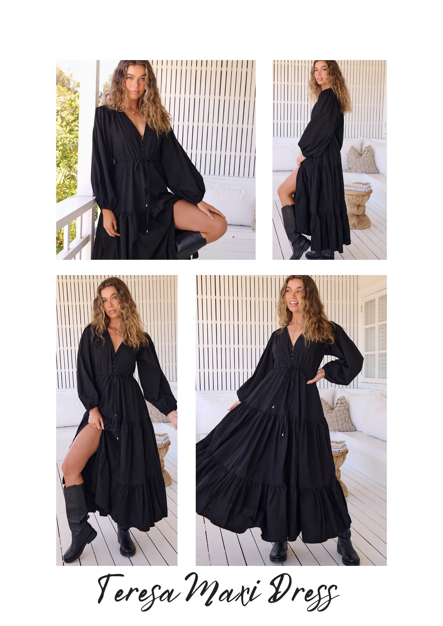 Jaase - Teresa Maxi Dress with Long Sleeve Cotton  - Onyx Collection