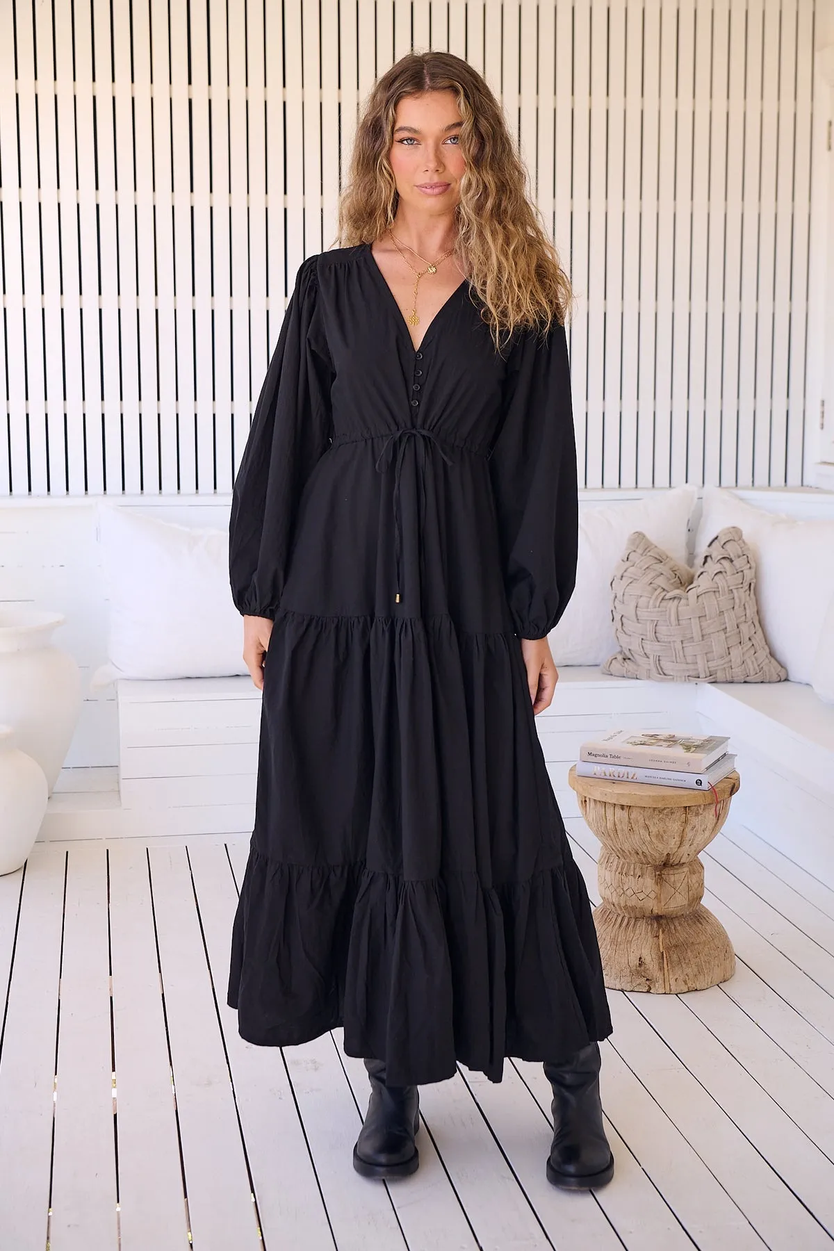 Jaase - Teresa Maxi Dress with Long Sleeve Cotton  - Onyx Collection