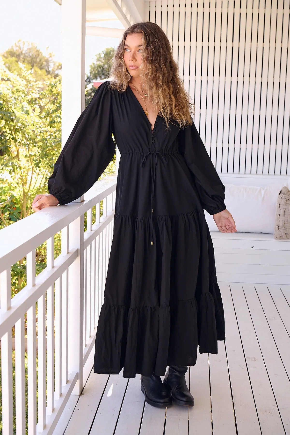 Jaase - Teresa Maxi Dress with Long Sleeve Cotton  - Onyx Collection