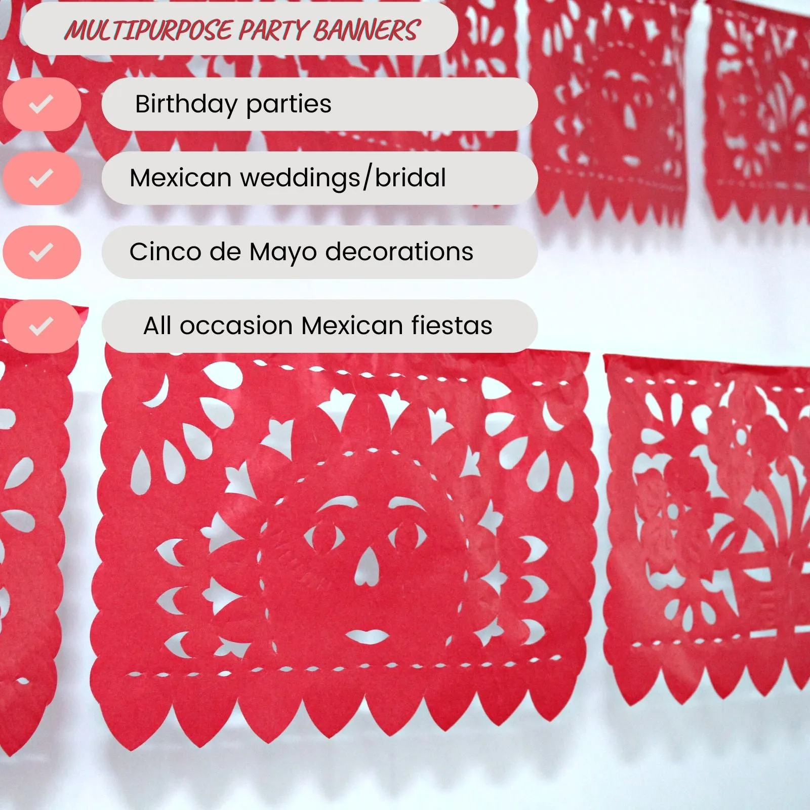 Mexican Papel Picado Fiesta Banner in Red (5 Pack)