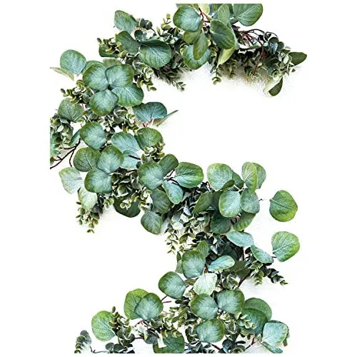 WildIvory Eucalyptus Garland - Lush, Natural Looking Artificial Faux Greenery Garland Vine for Wedding Decor, Table Runner, Mantle. Abundant Textured Boxwood, Silver Dollar Eucalyptus Leaves