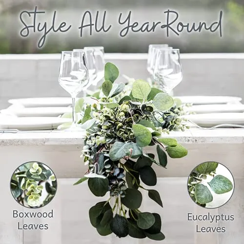 WildIvory Eucalyptus Garland - Lush, Natural Looking Artificial Faux Greenery Garland Vine for Wedding Decor, Table Runner, Mantle. Abundant Textured Boxwood, Silver Dollar Eucalyptus Leaves