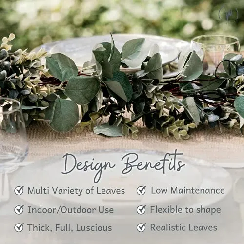 WildIvory Eucalyptus Garland - Lush, Natural Looking Artificial Faux Greenery Garland Vine for Wedding Decor, Table Runner, Mantle. Abundant Textured Boxwood, Silver Dollar Eucalyptus Leaves